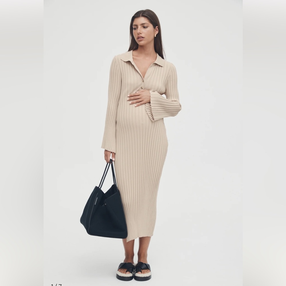 Ribbed Long Sleeve Collar Midi Dress in Beige